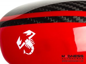 FIAT 500 Mirror Covers - Carbon Fiber - Red Racing Stripe w/ White Scorpion V3